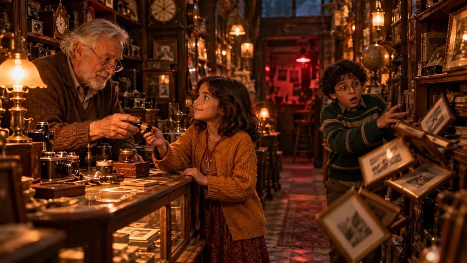 La boutique de l'antiquaire, ses étagères d'horloges et d'appareils