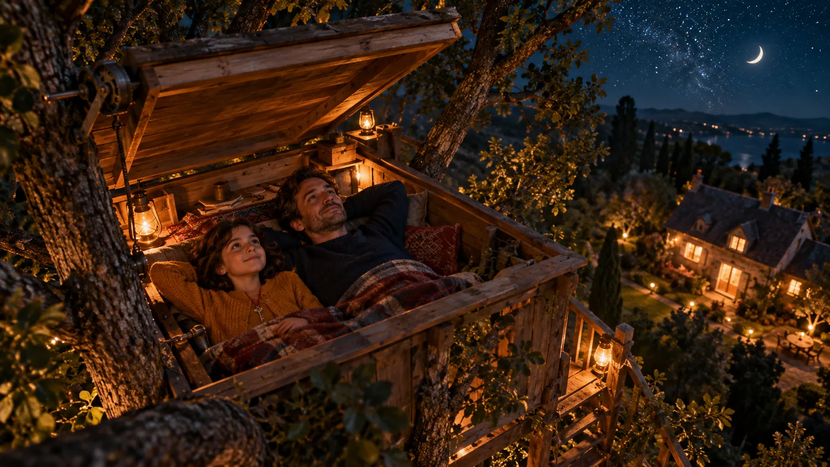 La nuit, Sofia et son père allongés dans la cabane dans l'arbre, le toit ouvert sur le ciel étoilé, la maison éclairée en contrebas