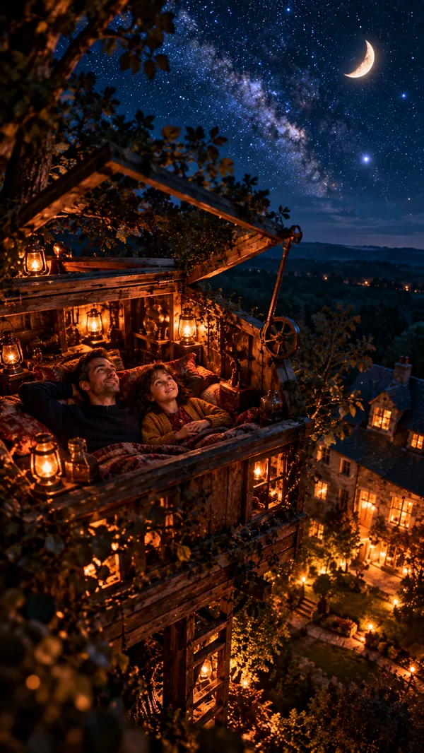 La cabane dans l'arbre, le toit ouvert, la nuit