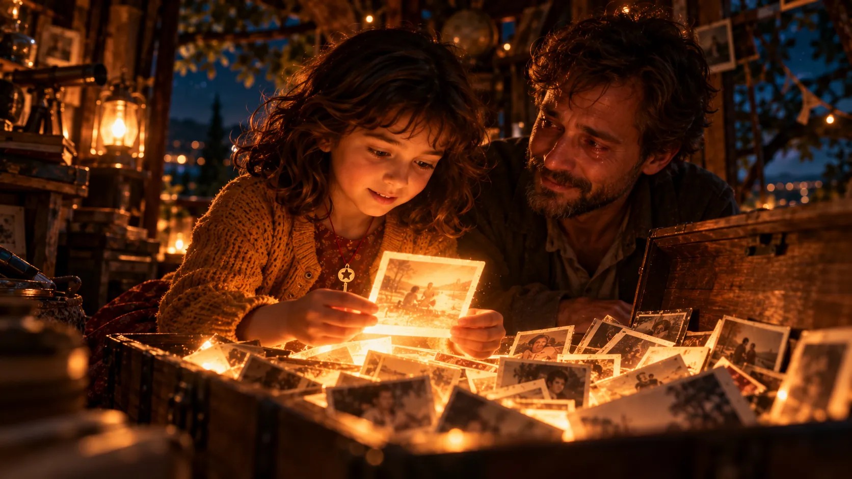 Sofia et son père à genoux devant un coffre en bois rempli de photos qui brillent