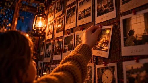 Le mur de photos de la cabane, l'heure écrite sous chacune