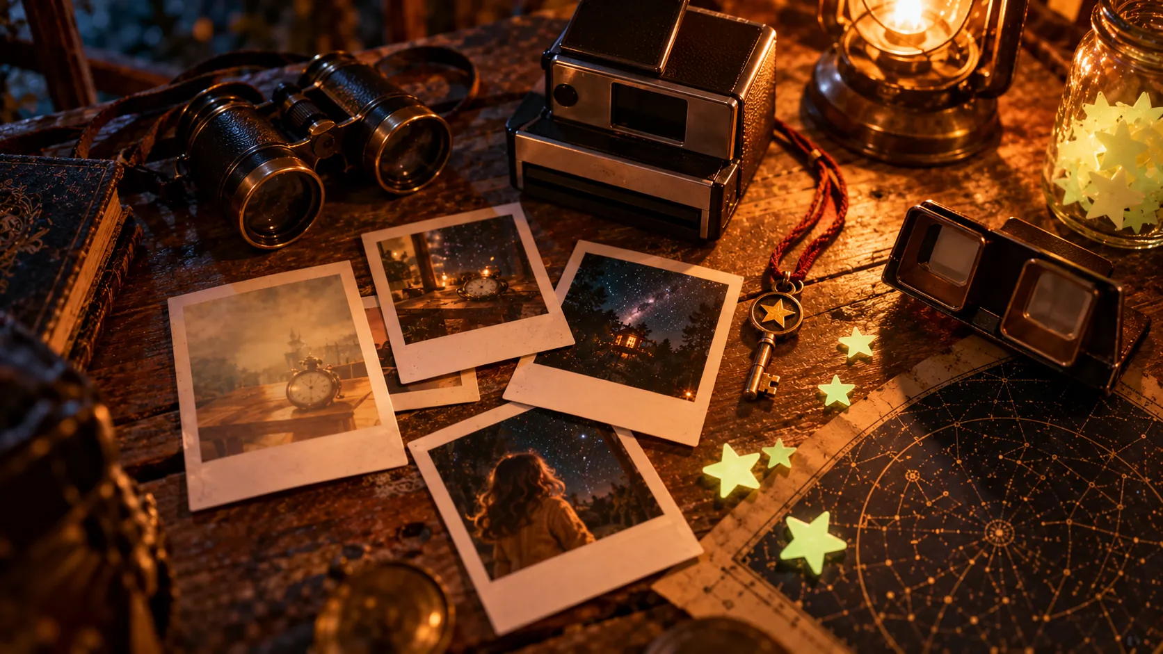Sur une table en bois : des jumelles, un appareil instantané, des photos, la clé à l'étoile, une visionneuse de poche, une carte du ciel et des étoiles qui brillent dans le noir