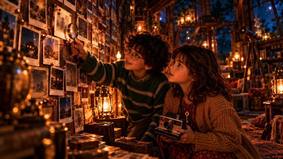 Sofia et Pepe enquêtent devant le mur de photos de la cabane