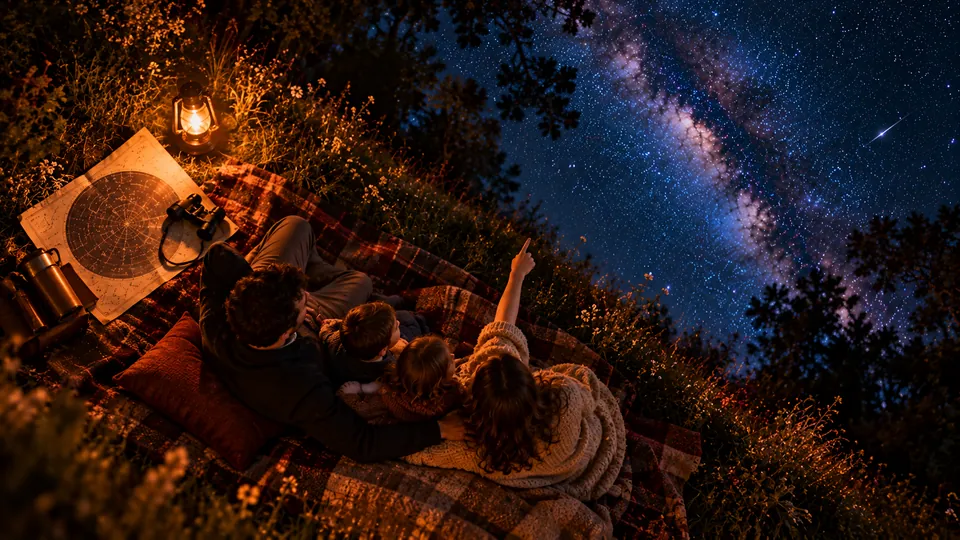 Une famille allongée sur une couverture regarde le ciel étoilé